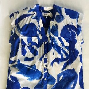 Heinui Button Down Top in Blue Strokes Print